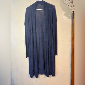 Vince women’s long lined blue duster cardigan LINEN size LG academia boho